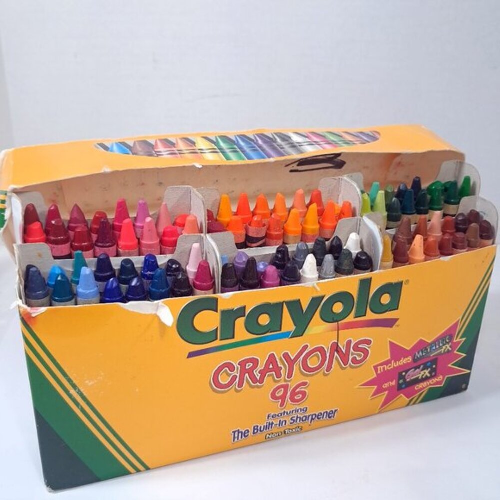 Vintage Crayola 96ct Color‎ Crayons Built-in Sharpener Metallic Gel Fx box 2001